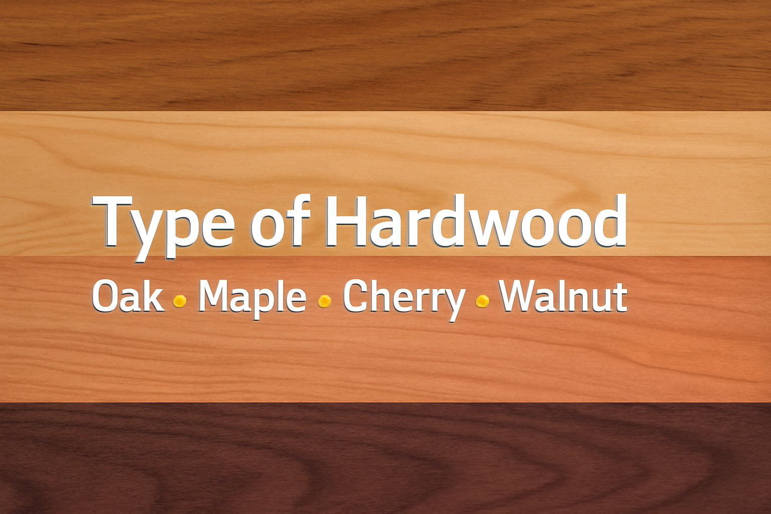 Close-up image showing four types of hardwood flooring—Oak, Maple, Cherry, and Walnut—with clear textures and grain patterns highlighting their unique characteristics.