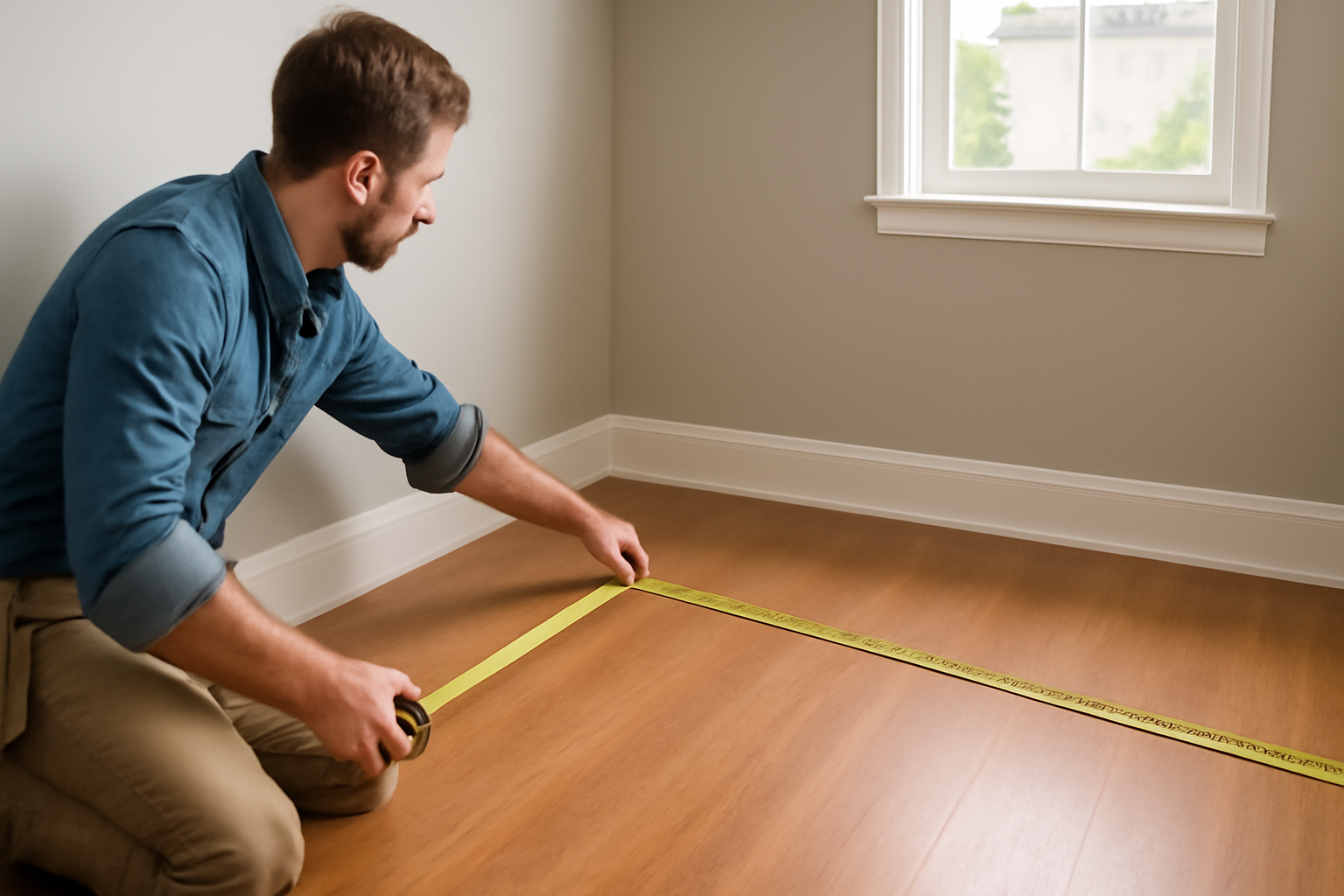 A carpenter in a denim shirt measuring a room’s floor dimensions with a yellow tape measure in a bright, empty room with polished hardwood floors and natural light.