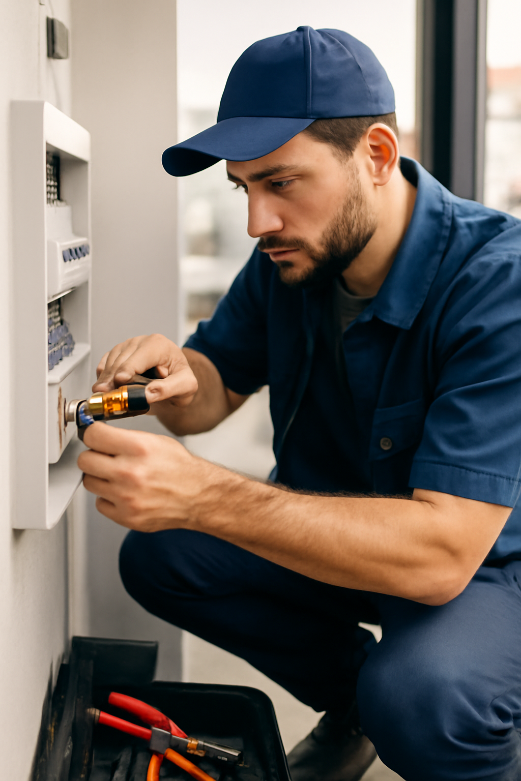 Professional technician installing equipment with precise tools, representing labor costs and efficiency in installation services.