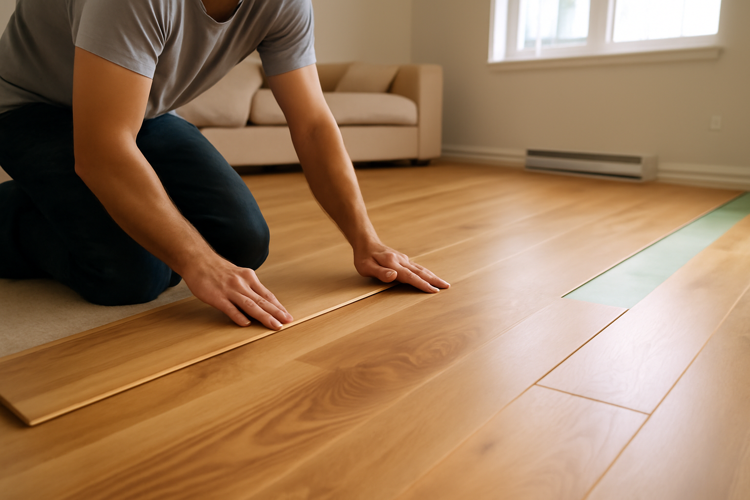 Close-up of professional hardwood floor installation in a modern living room, showcasing premium wood texture and smooth finish.
