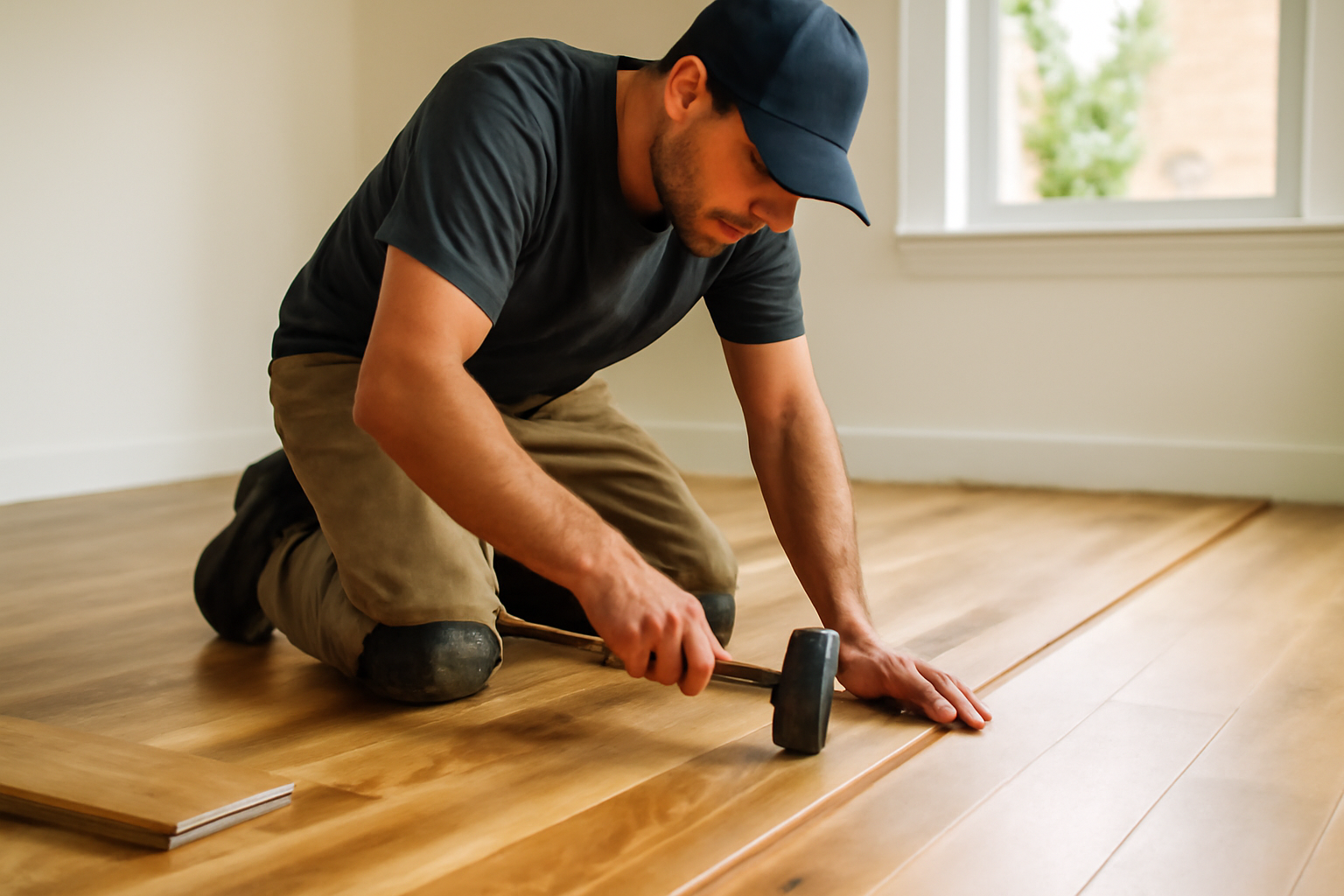 Skilled worker installing hardwood flooring in a modern home, showing precise labor and quality craftsmanship