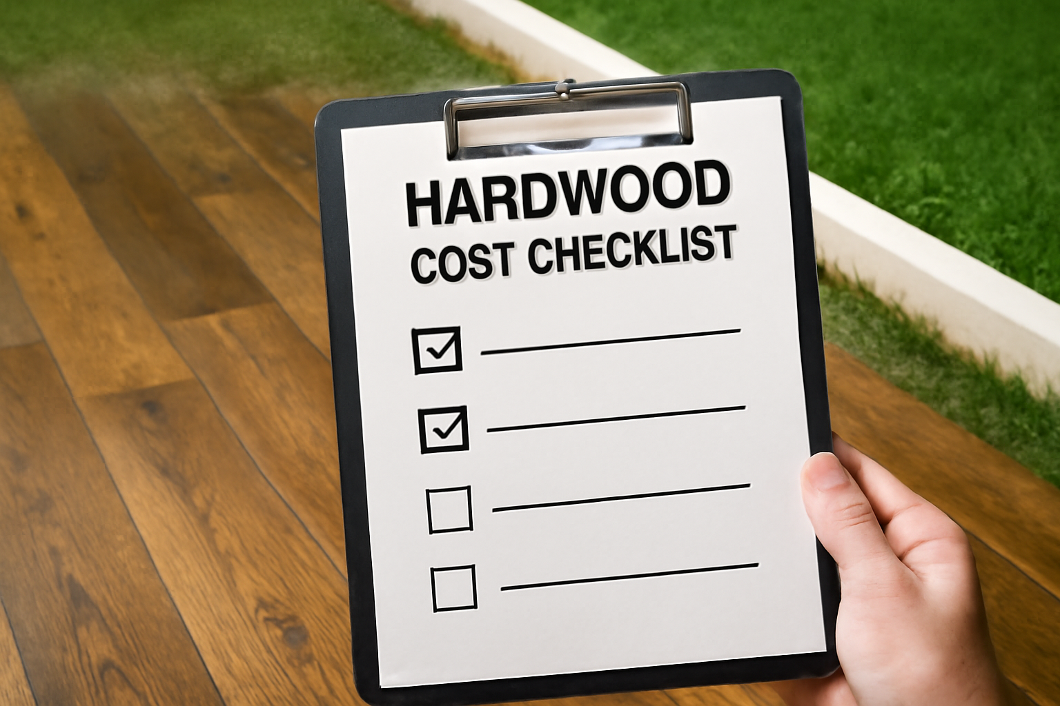 Close-up of a clipboard titled "Hardwood Cost Checklist" held by a person, showing checkboxes, with a clear view of a new hardwood floor meeting a green lawn in the background.
