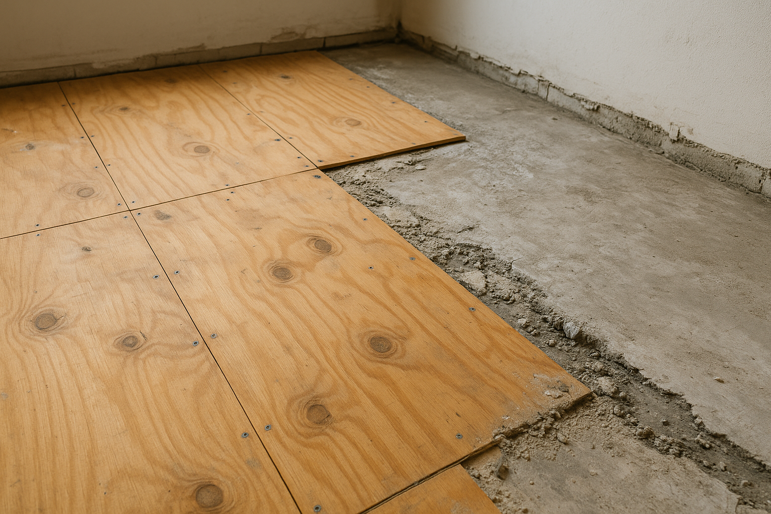 Photo of a construction area showing damaged concrete subfloor next to newly installed plywood, highlighting repair needs.