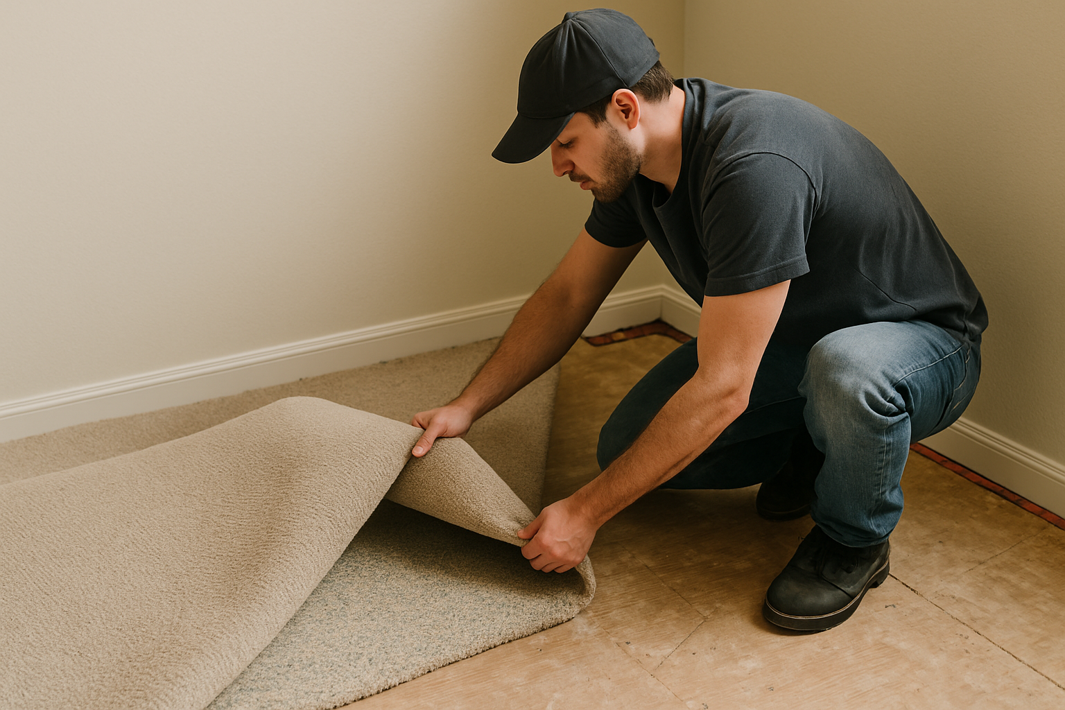 A man removing beige carpet to expose plywood subfloor during a home renovation project, illustrating DIY carpet removal techniques. 