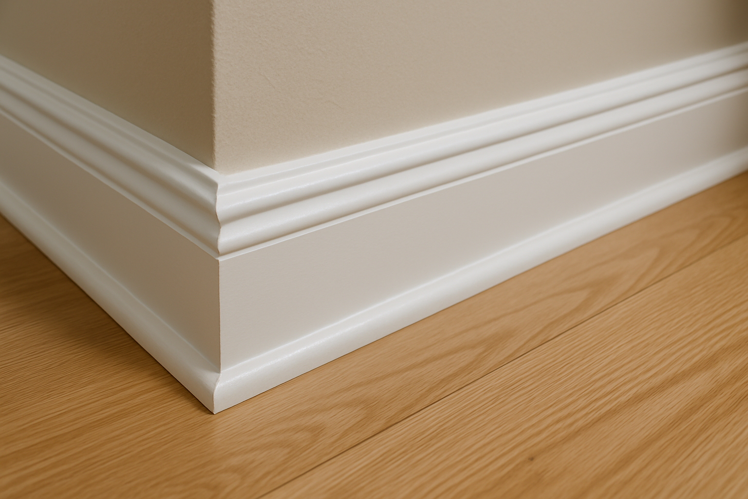 Close-up photo of modern white baseboards and trim installed along a beige wall and oak hardwood floor in a bright home interior.