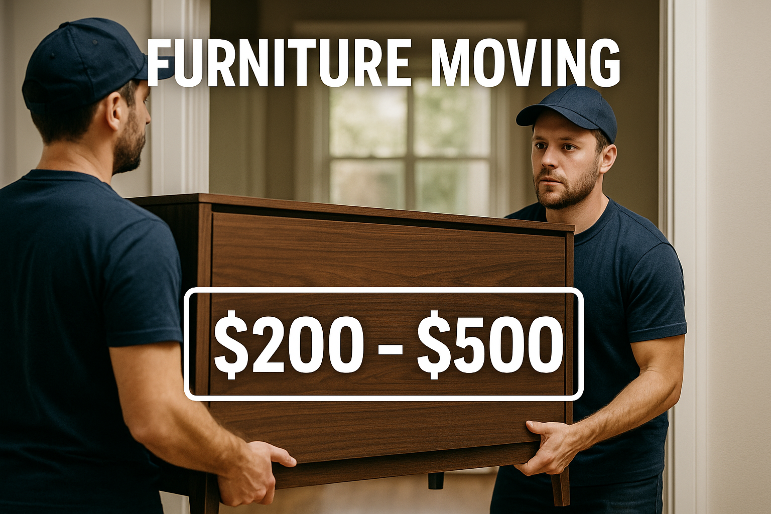 Two professional movers carrying a wooden dresser through a doorway with a $200–$500 price tag shown, illustrating typical furniture moving costs