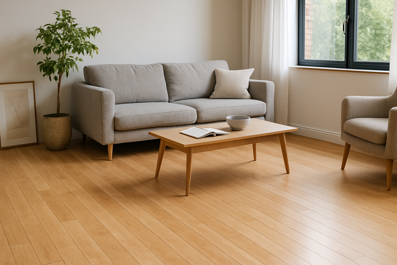 Bright modern living room with light maple hardwood flooring, showcasing clean and smooth wooden texture in natural daylight.