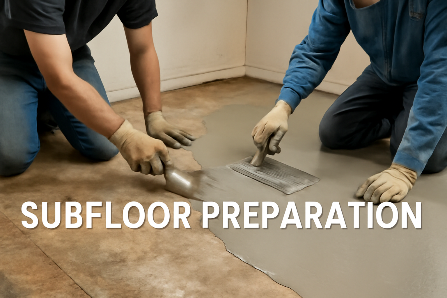 Close-up image of two workers applying self-leveling compound during subfloor preparation in a home renovation, ensuring a smooth and strong foundation for flooring installation.