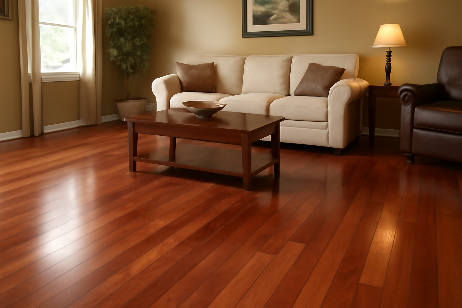 Bright living room featuring polished cherry hardwood flooring with rich reddish-brown tones, beige sofa, dark wooden coffee table, and warm ambient lighting creating a sophisticated atmosphere. 