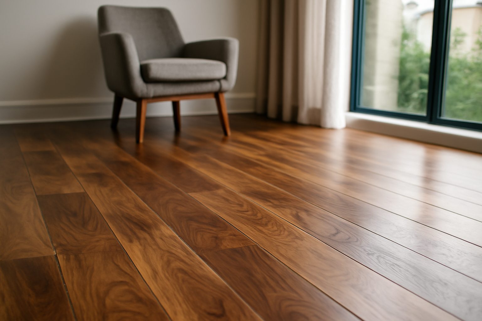 Close-up of rich walnut wood flooring with natural grain patterns, illustrating premium wood floor options and pricing.