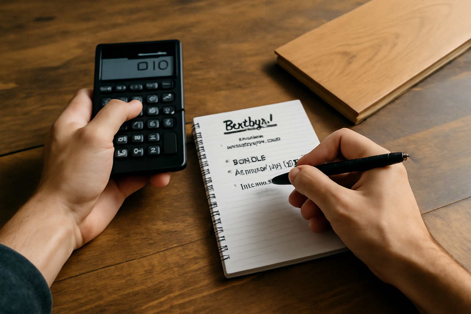 Close-up of a person calculating hardwood flooring expenses with a calculator and budgeting notes on a wooden table, emphasizing careful financial planning.