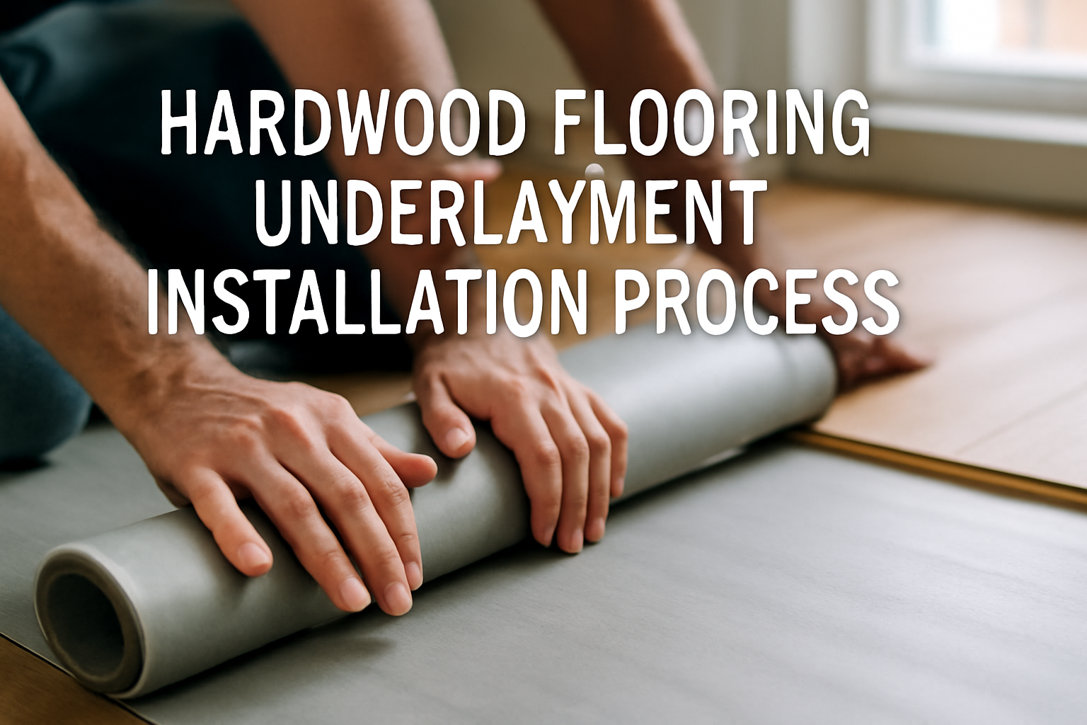 Close-up of hands installing underlayment on subfloor before hardwood flooring, showing preparation step and material texture.