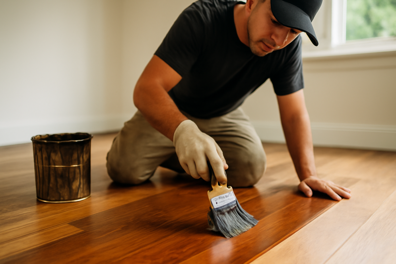 Close-up of a skilled worker applying stain to hardwood flooring, enhancing the wood grain with a rich warm color in a bright room