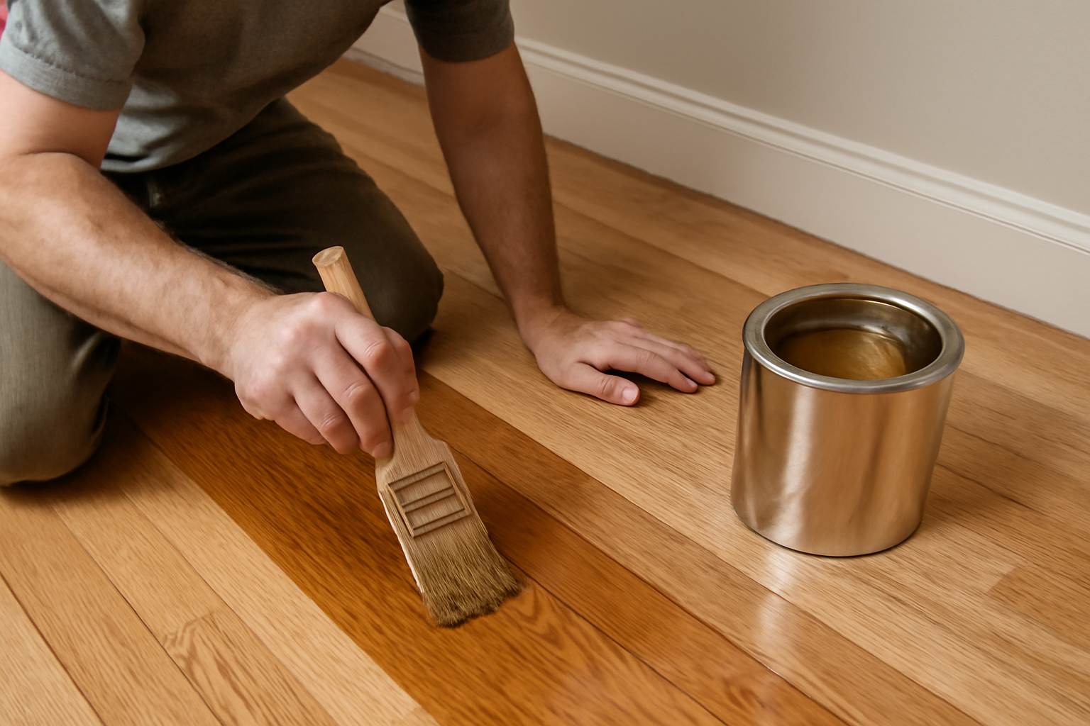  Close-up of a worker applying a golden-brown wood finish with a paintbrush on a hardwood floor, next to an open paint can, highlighting the smooth texture and warm tone of the floor. 