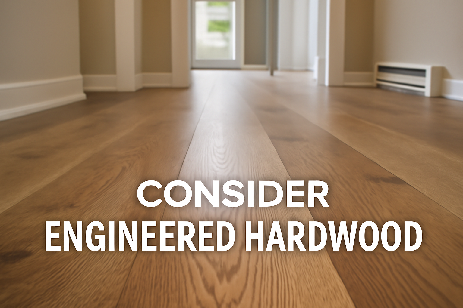 Close-up of engineered hardwood floor planks in a bright modern room, showcasing oak grain texture and warm natural light.