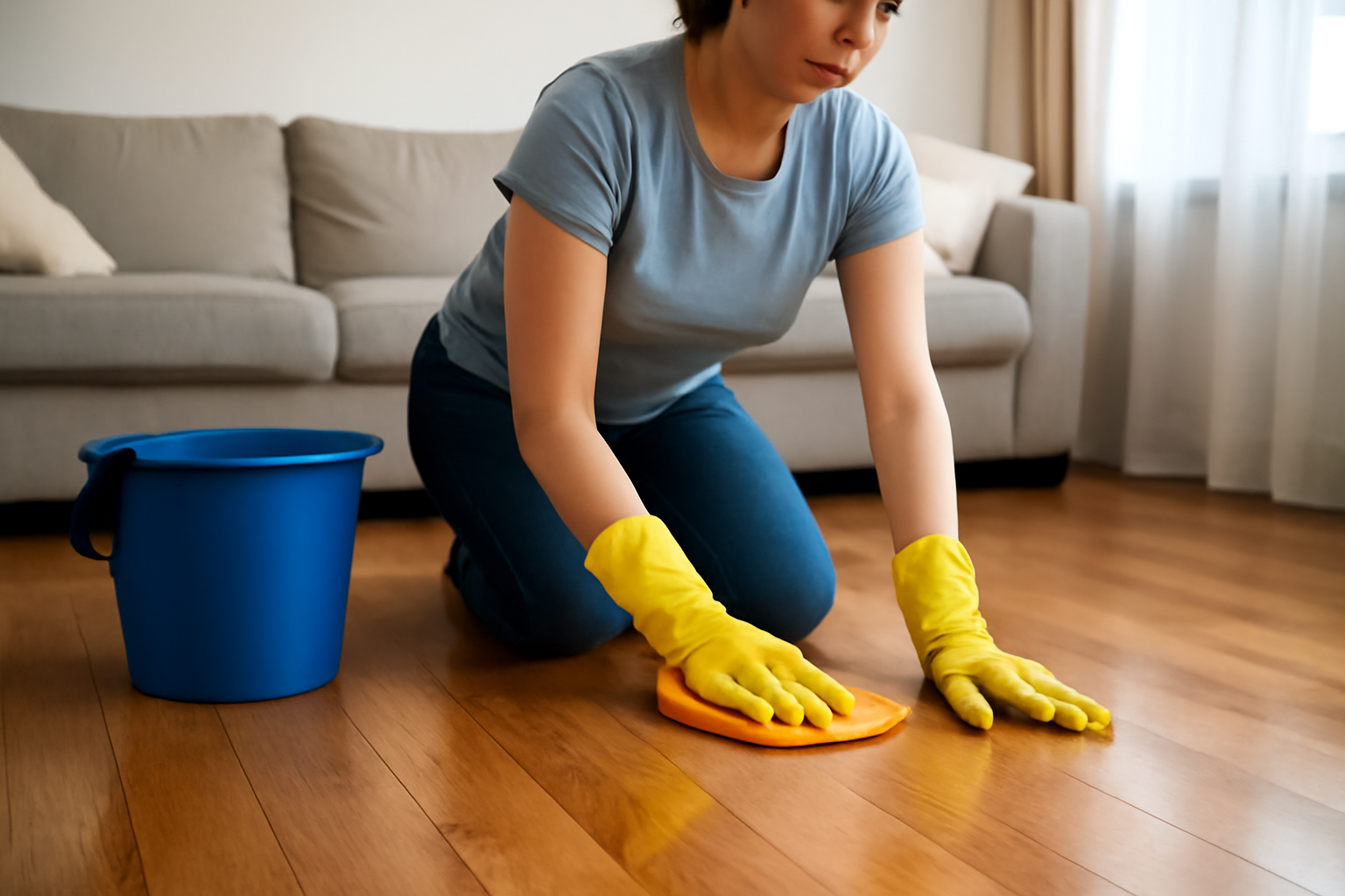 Woman cleaning honey-colored hardwood floor with a cloth wearing yellow gloves in a bright living room, demonstrating easy hardwood floor maintenance.