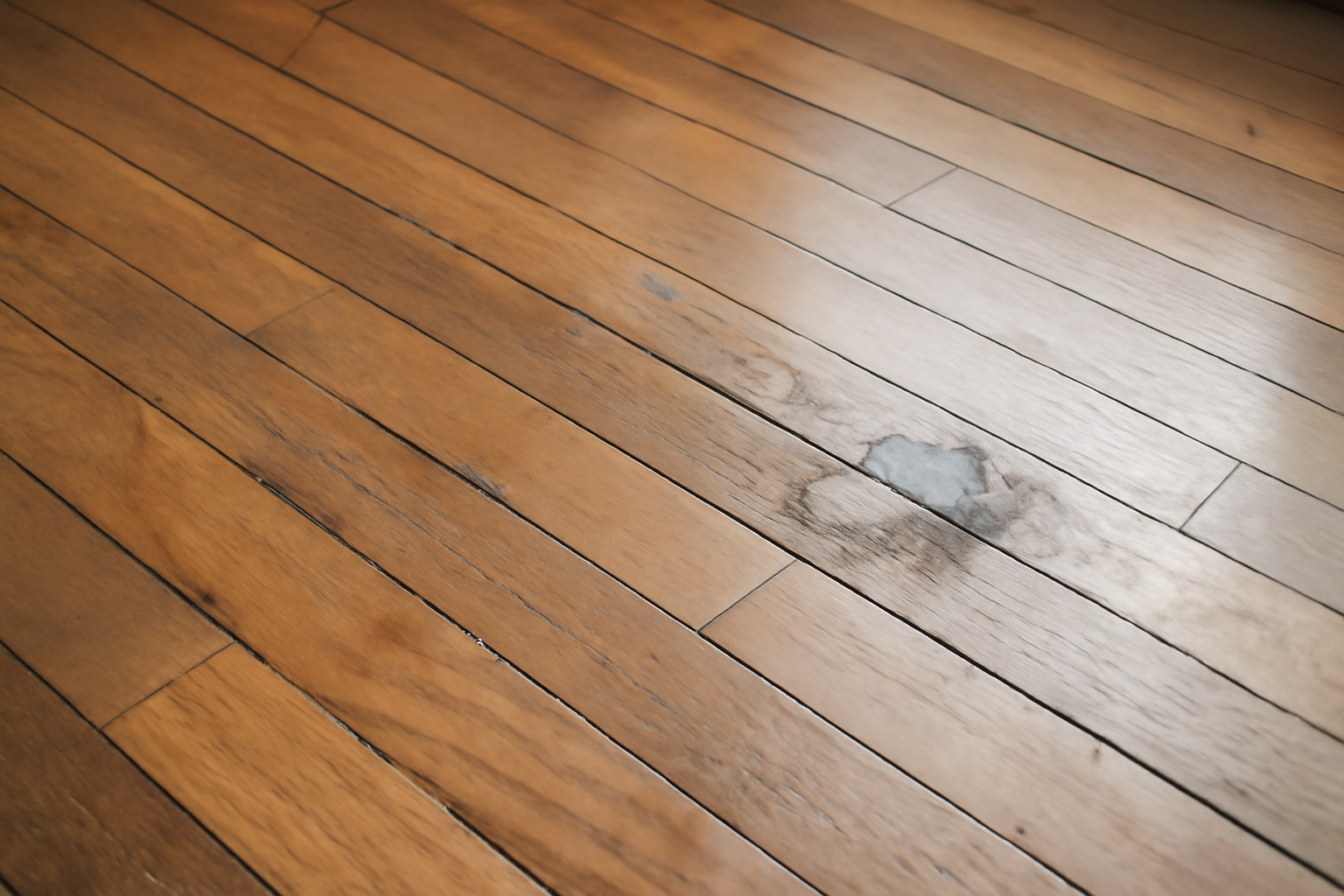 Close-up photo of hardwood flooring showing scratches, dents, and water stains illustrating potential drawbacks of wooden floors.