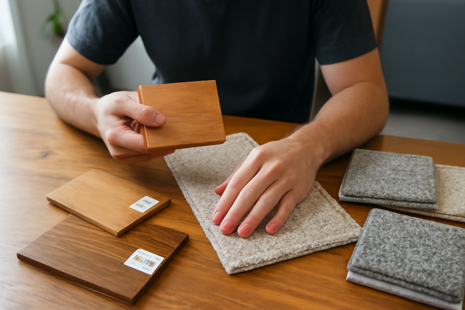 Homeowner comparing hardwood flooring samples with carpet swatches showing price differences, illustrating initial cost considerations for flooring replacement.