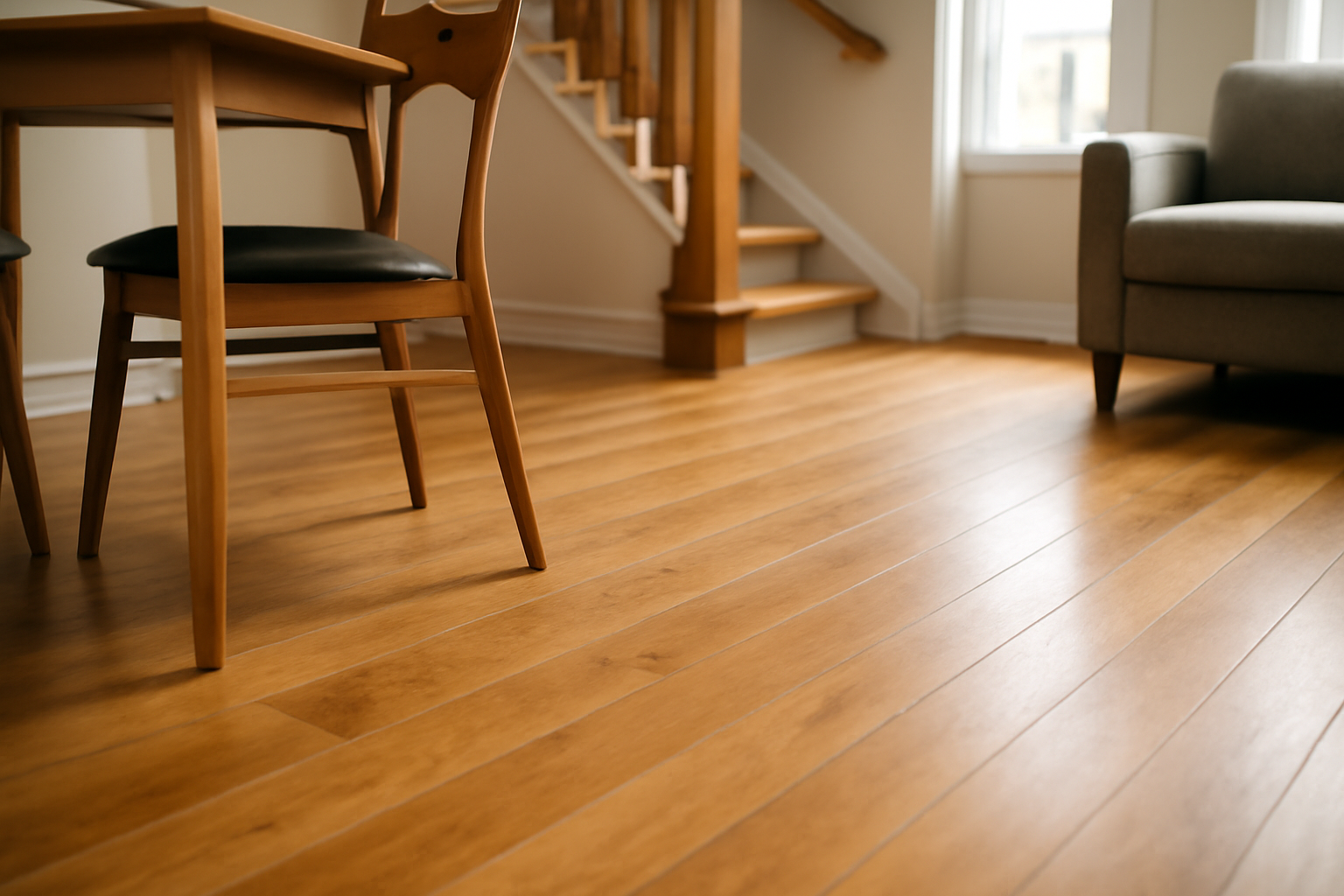Close-up of wooden chair legs scraping against wooden floorboards, a common source of noise in homes