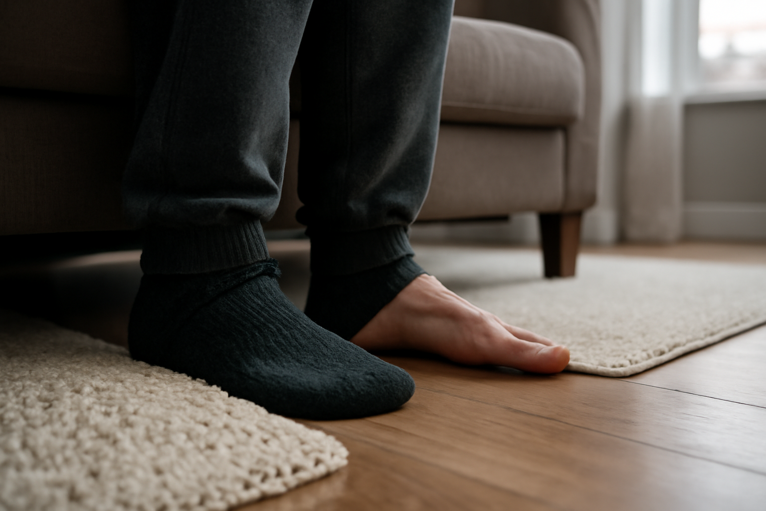 Close-up of feet on hardwood floor and plush carpet showing warmth and sound insulation benefits of carpet over cold hardwood.