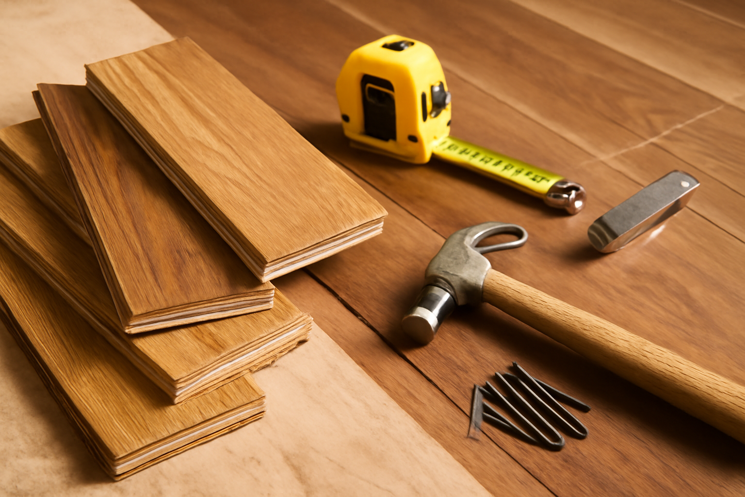 Close-up of hardwood flooring samples and installation tools representing factors affecting hardwood floor installation cost.