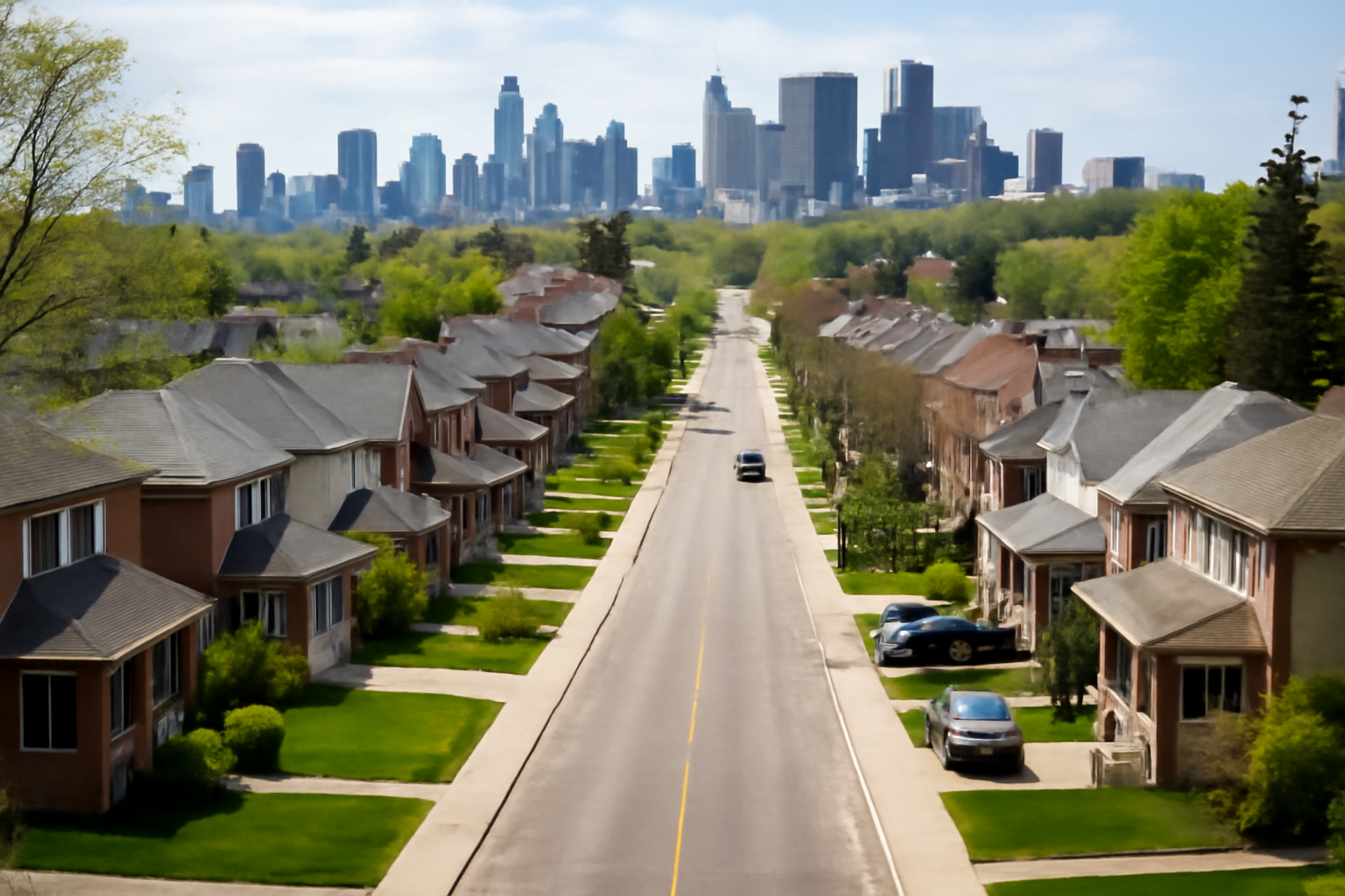 A high-resolution photo of a quiet suburban neighborhood street lined with houses, green lawns, and parked cars, with a clear view of a distant city skyline under a blue sky.