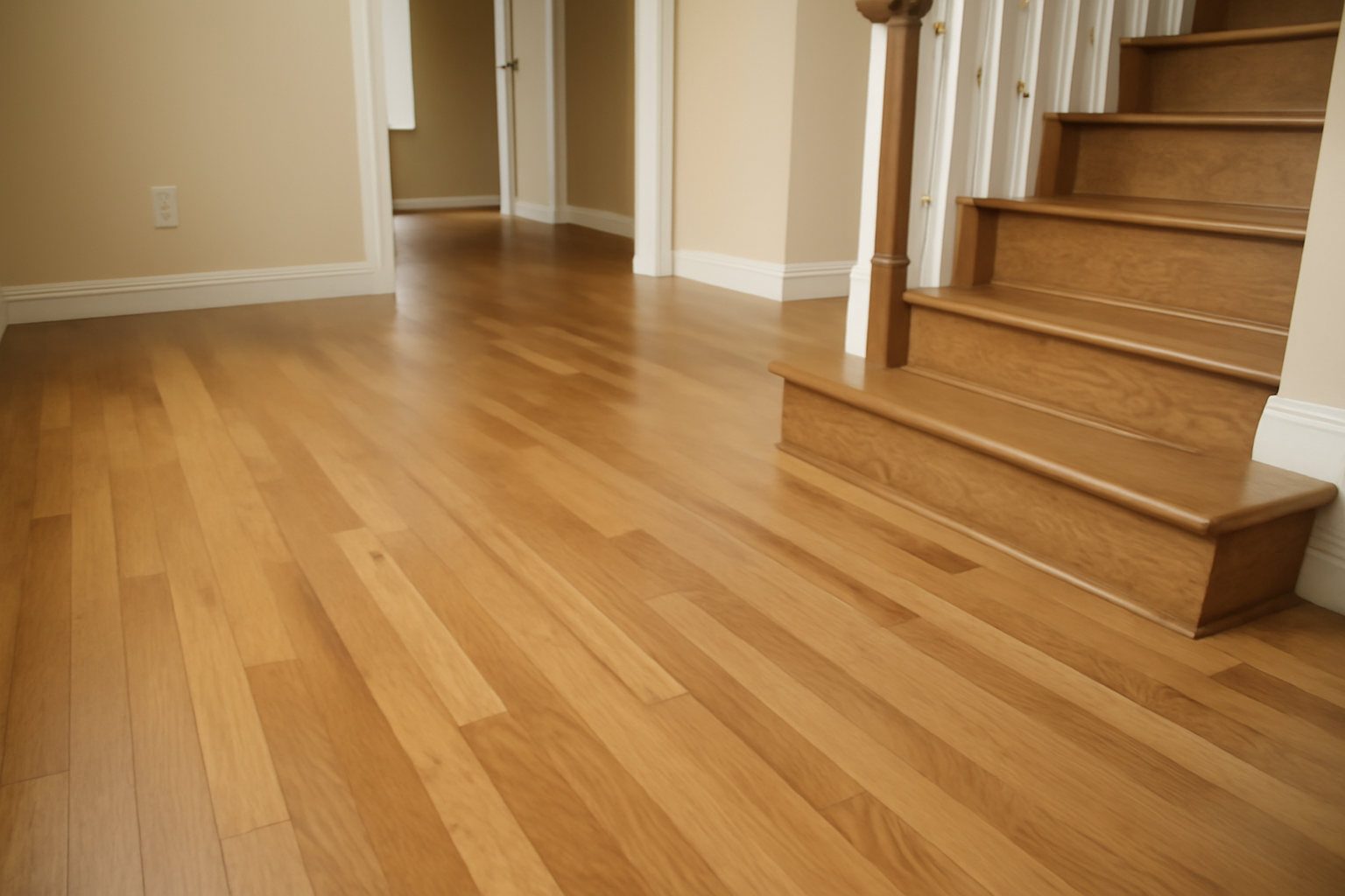 High-quality wood floor layout showcasing custom-cut wood panels and staircase design in a modern home interior.