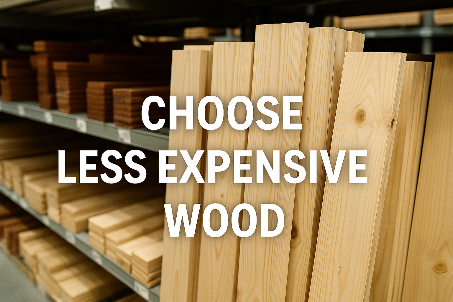 A photo of budget-friendly wood types like pine and fir in a hardware store, with text "Choose Less Expensive Wood" overlayed for DIY savings emphasis.