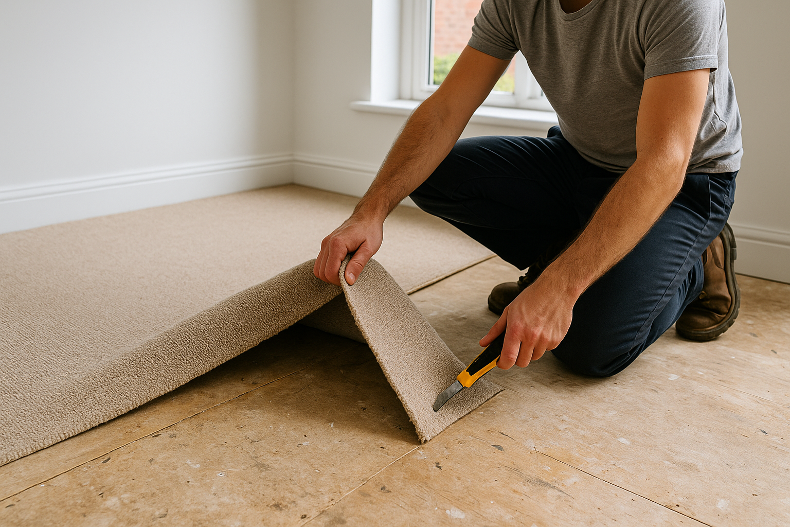 A man using a utility knife to remove old carpet in a well-lit room, revealing the plywood subfloor underneath—representing self-removal to save on labor costs