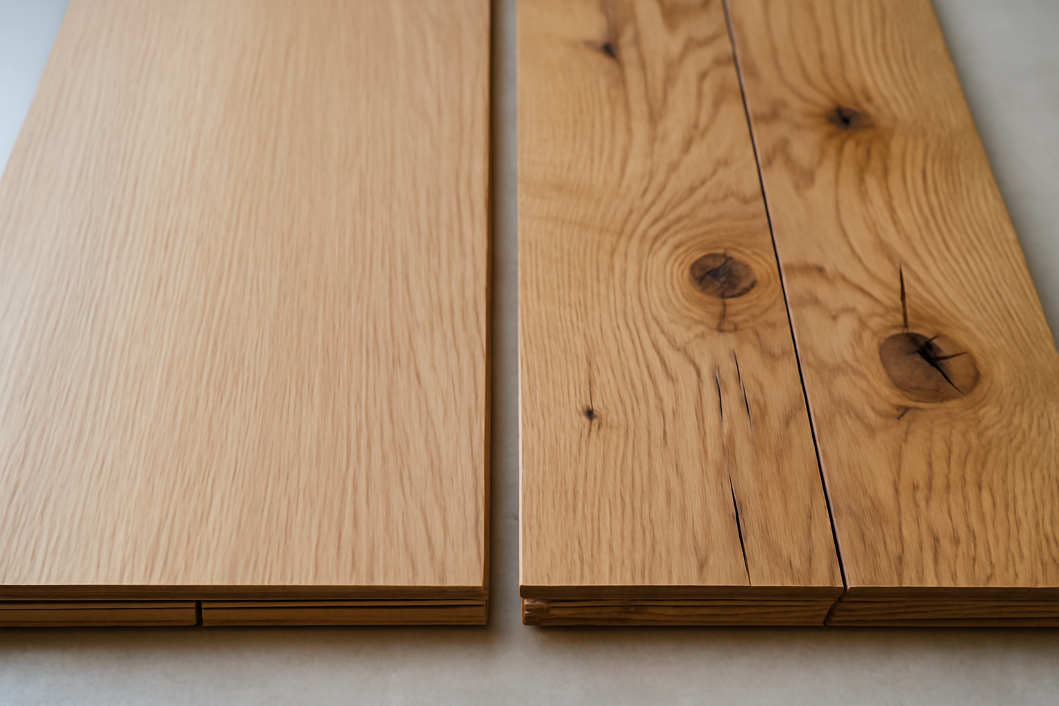 Close-up photo of two wooden floor samples side-by-side, one smooth and flawless, the other with knots and imperfections, illustrating differences in wood grade and quality.