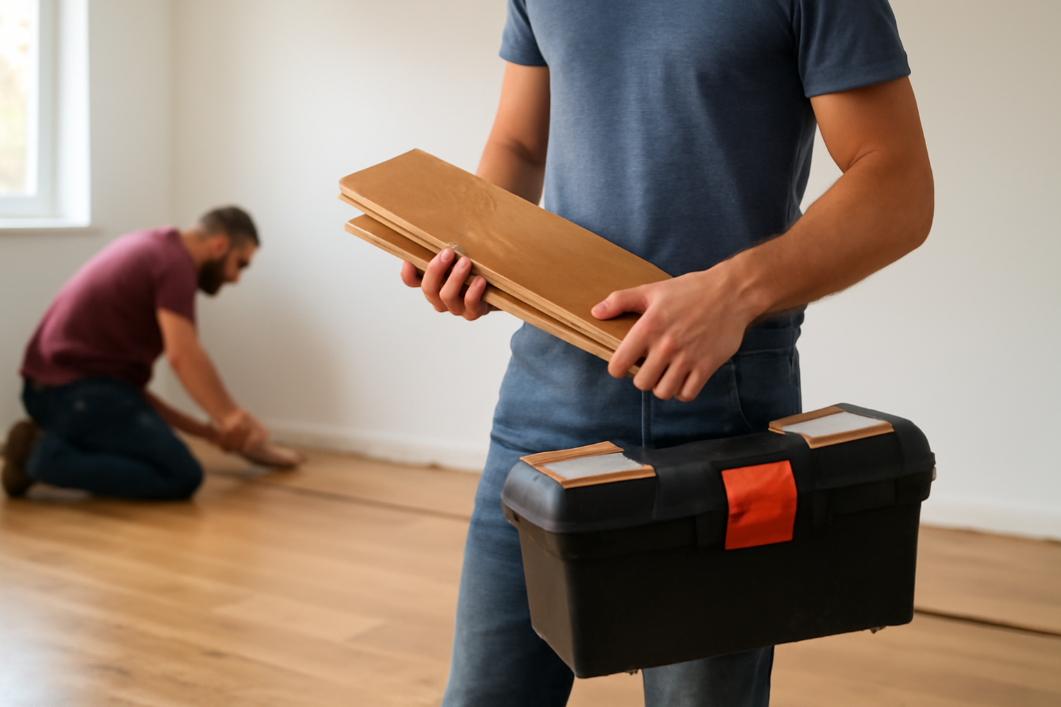 Homeowner holding toolkit and hardwood planks, contemplating DIY flooring installation while a professional installer works in the background, illustrating cost-saving choices.