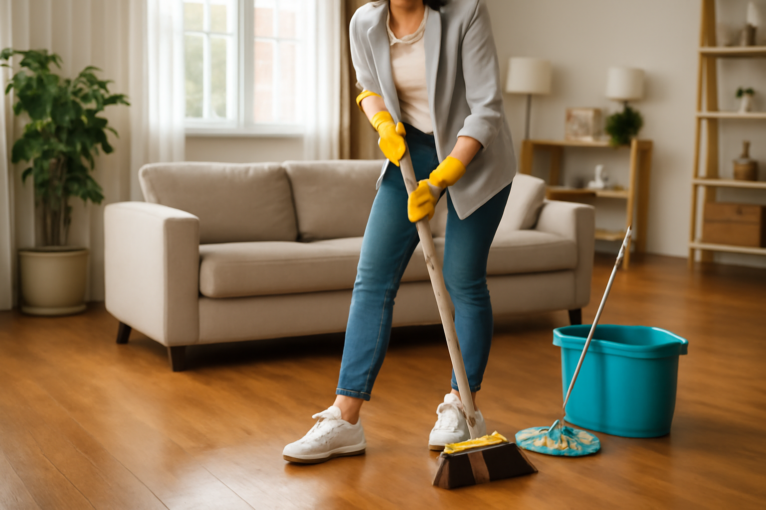 A light-skinned woman wearing yellow rubber gloves sweeps a shiny hardwood floor in a bright living room with natural light, a beige sofa, and green plants. 