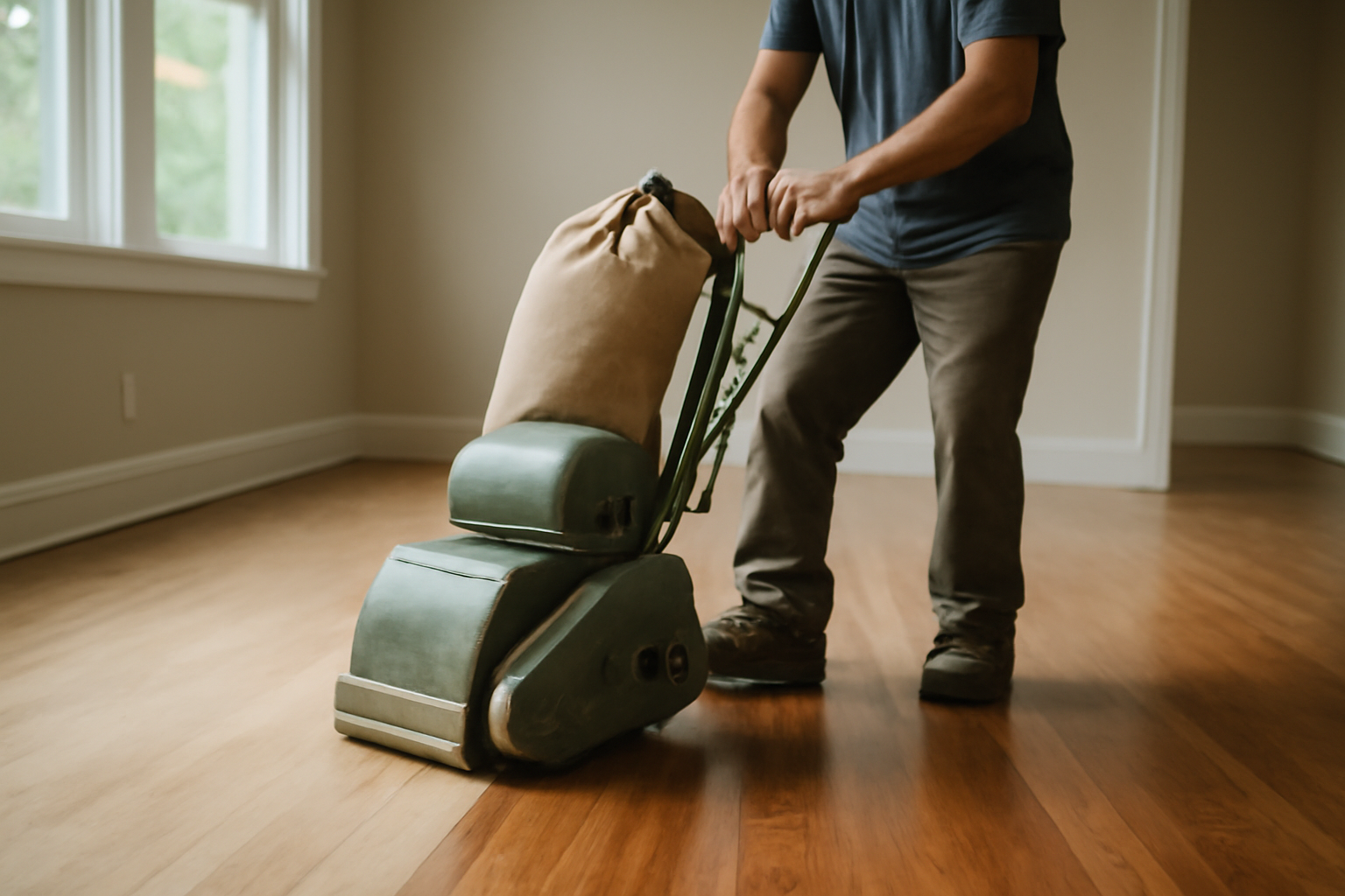 Close-up of a professional sanding hardwood floors during refinishing process in a modern home interior.