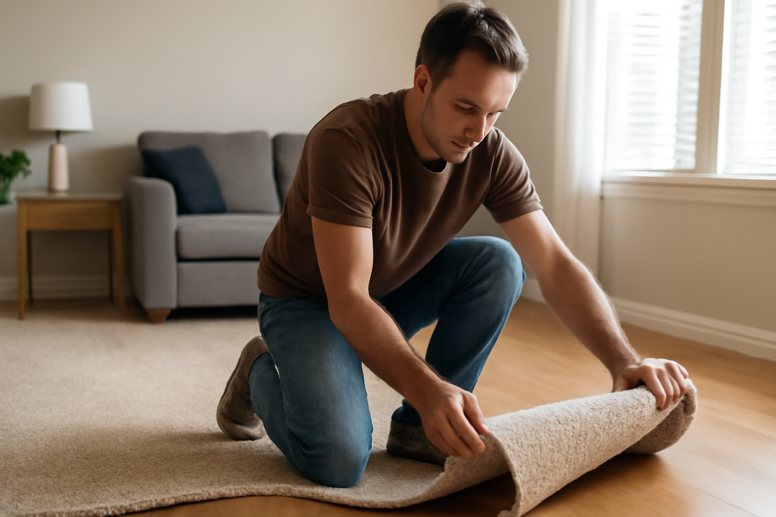 Close-up of hands removing carpet and installing wooden flooring in a home renovation project, showcasing DIY hardwood floor installation with natural wood textures.