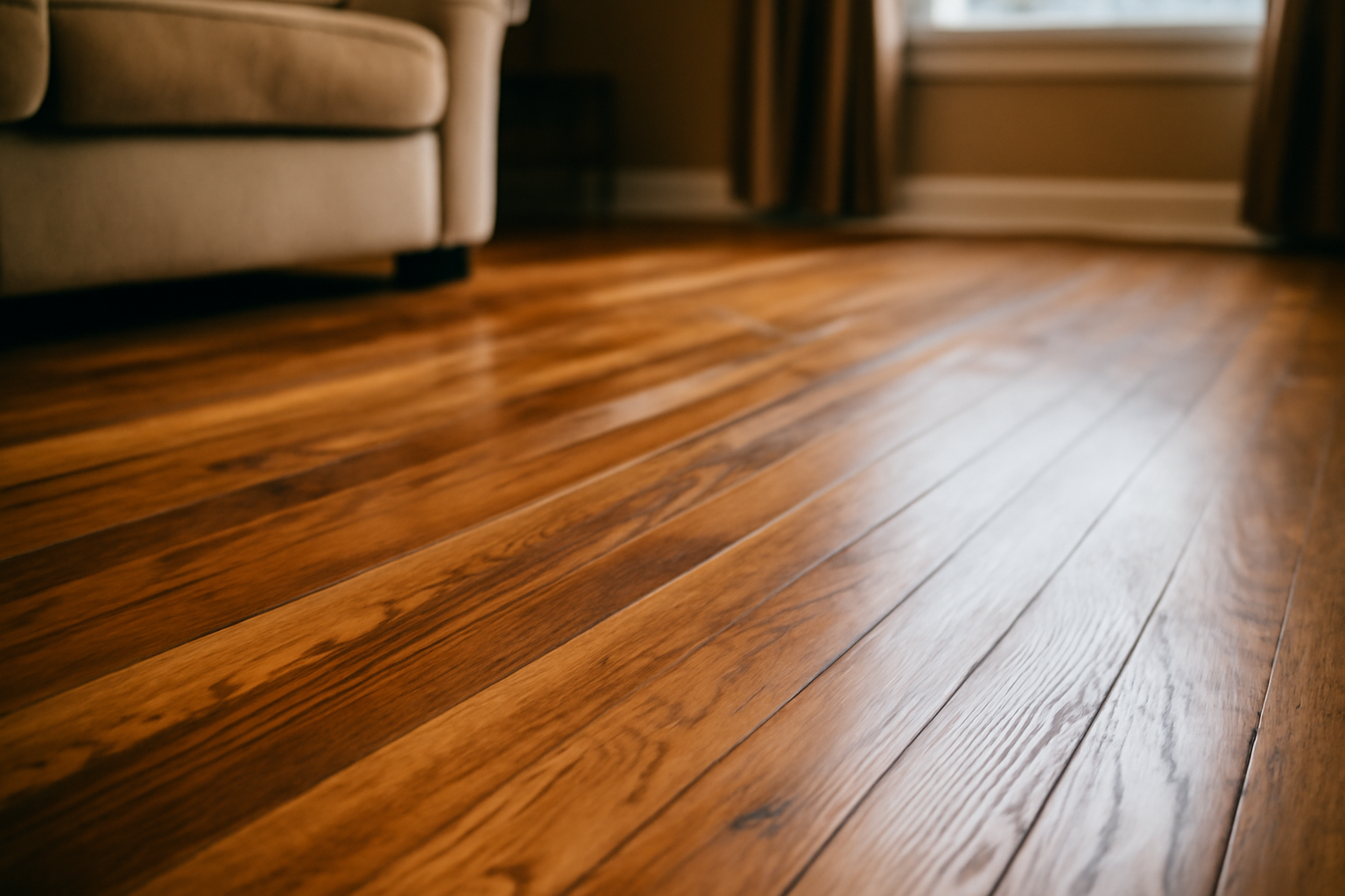 Close-up of a durable hardwood floor with rich wood grain texture in a sunlit living room, illustrating long-lasting wood floor durability of up to 50 years.