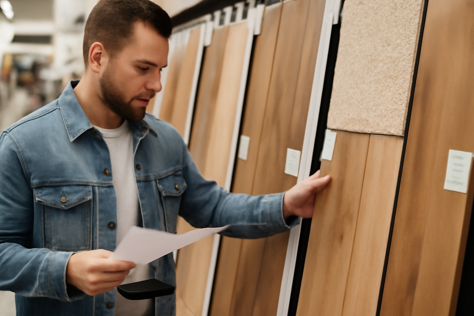 A man in a denim jacket examines wooden flooring samples while holding a price quote and wallet, comparing flooring options in a home improvement store.
