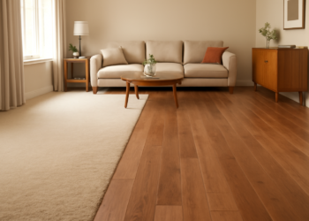 Bright living room featuring a seamless transition from beige carpet to polished hardwood floors, illustrating the cost-effective home upgrade from carpet to hardwood flooring.