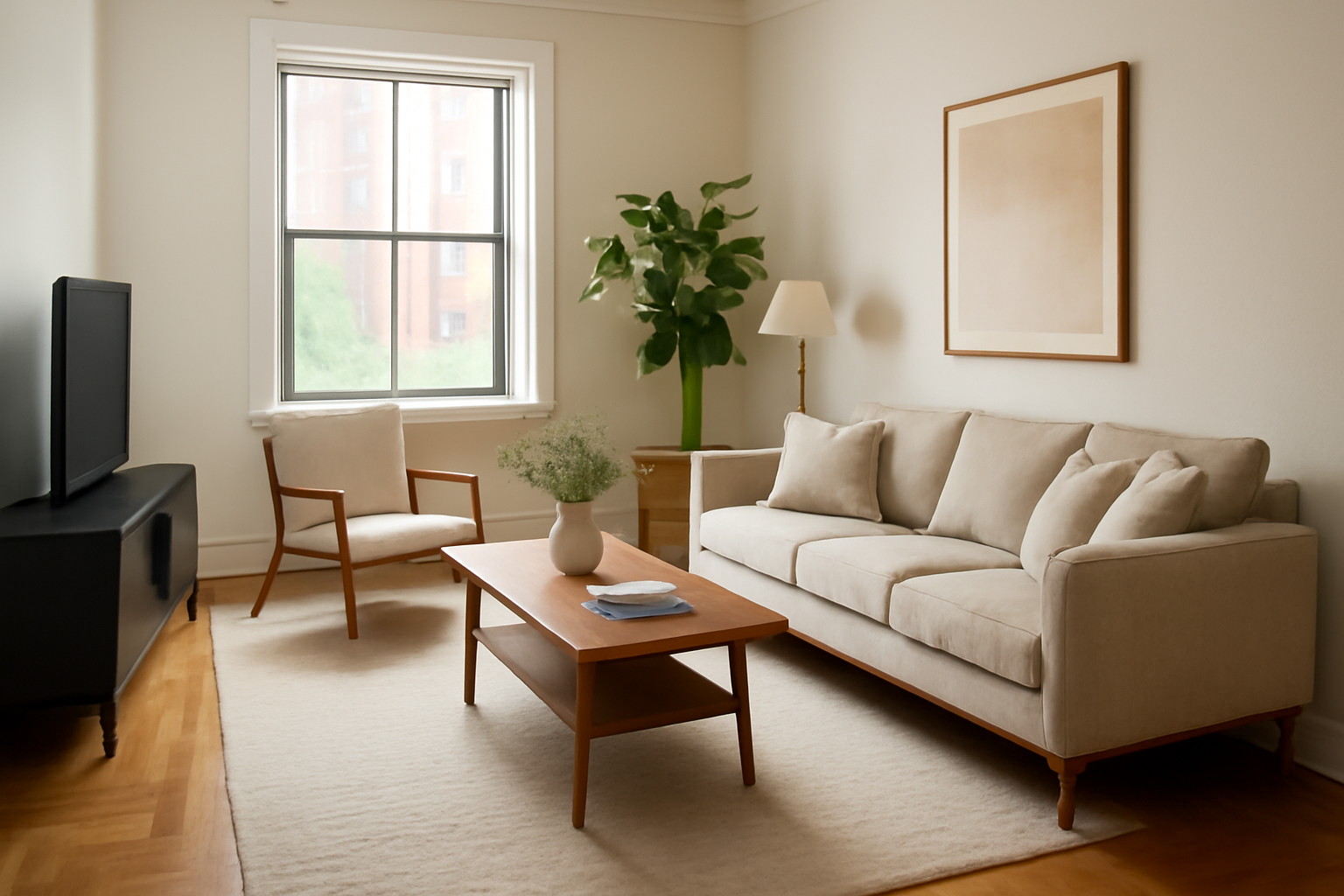 Spacious and bright living room with beige sofa, wooden coffee table, and lush greenery by the window, creating a welcoming and airy atmosphere.