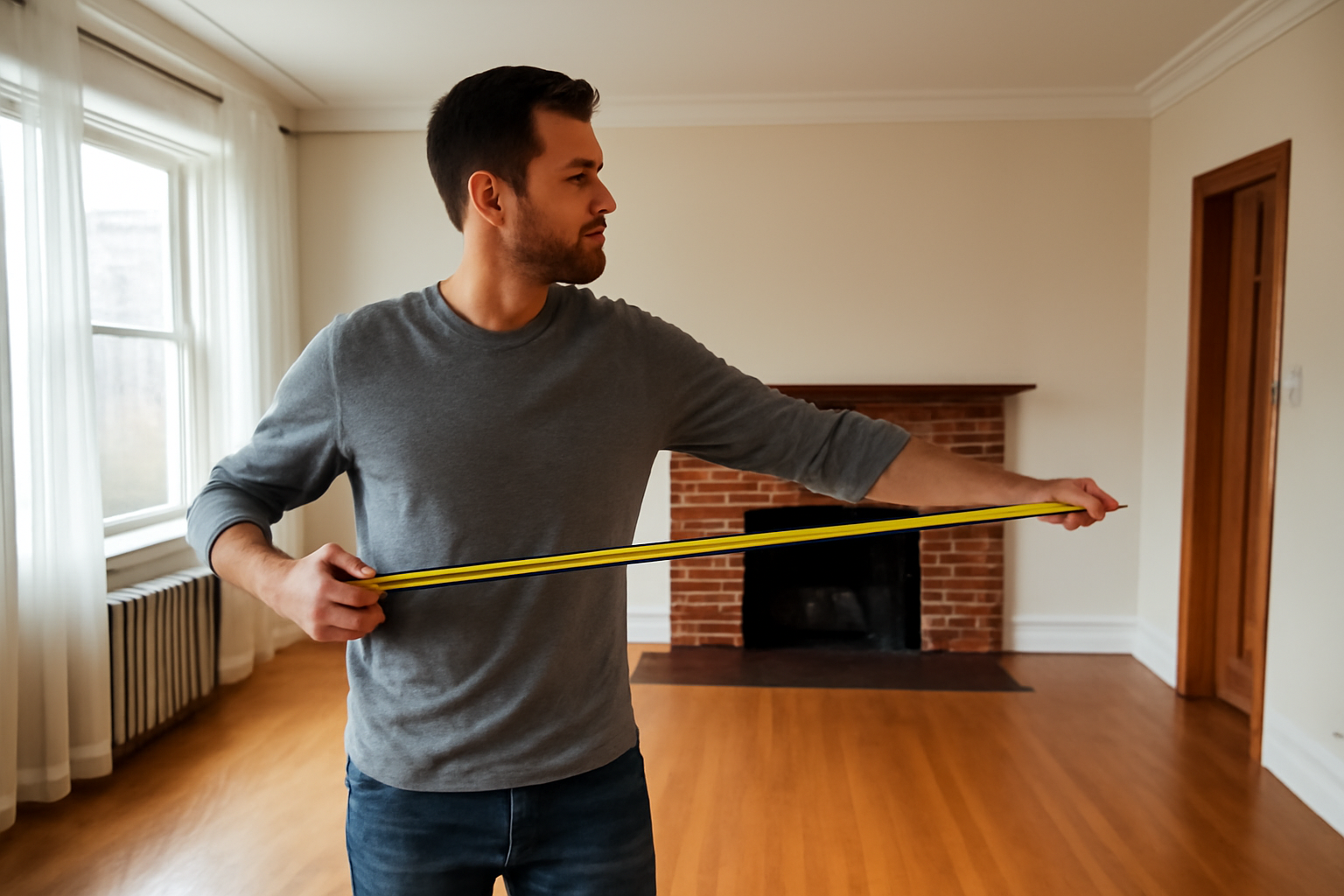A young man measuring the dimensions of a spacious living room with a yellow tape measure, considering architectural elements like a fireplace and natural light.