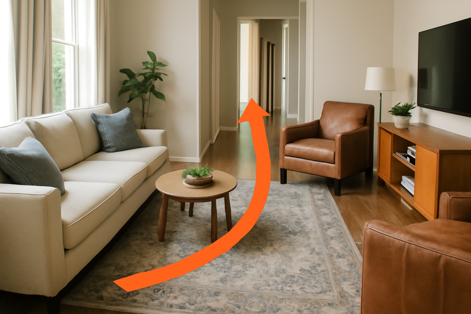 Living room with clear pathways, featuring a beige sofa, hardwood floor, and mid-century modern furniture with an orange arrow showing the walking path leading to a distant doorway.