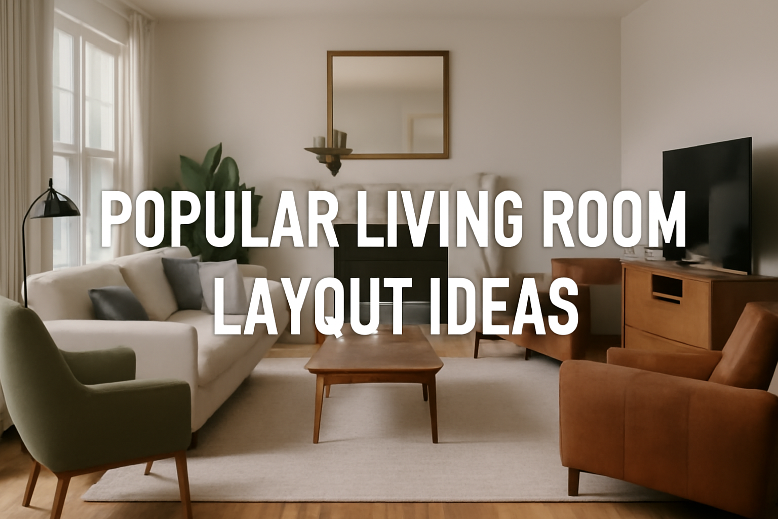 A stylish and spacious living room layout with a neutral color scheme, featuring a three-seater sofa, mid-century chairs, and a minimalist coffee table.