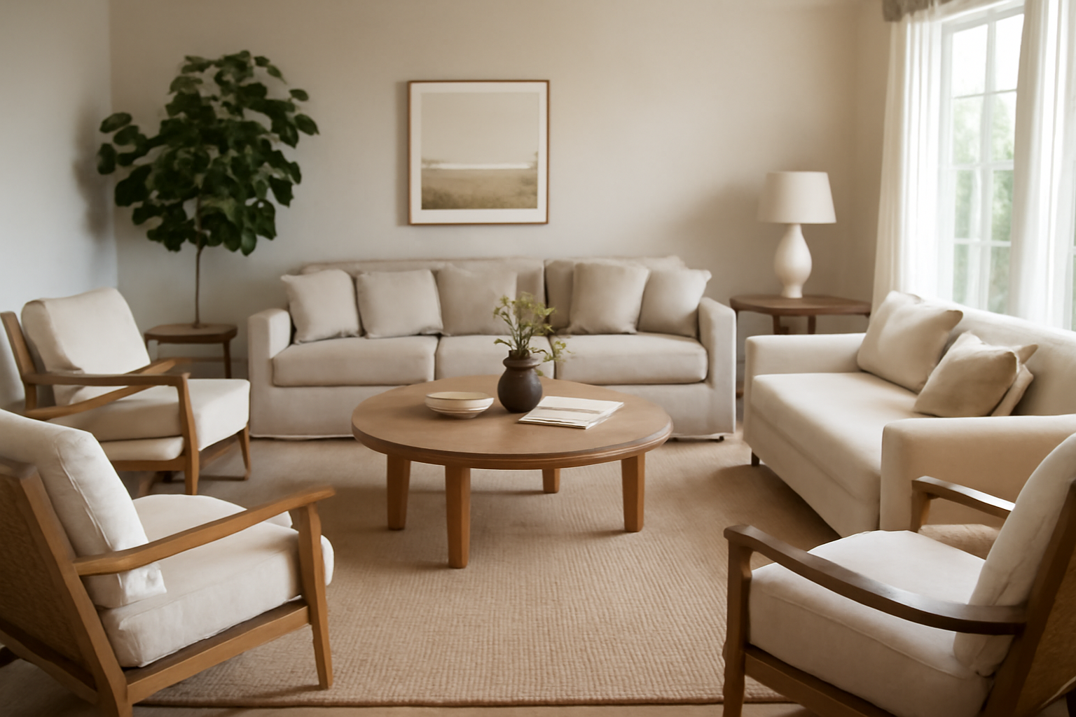A bright living room with a U-shaped seating arrangement featuring sofas, armchairs, a round coffee table, and natural light from large windows.