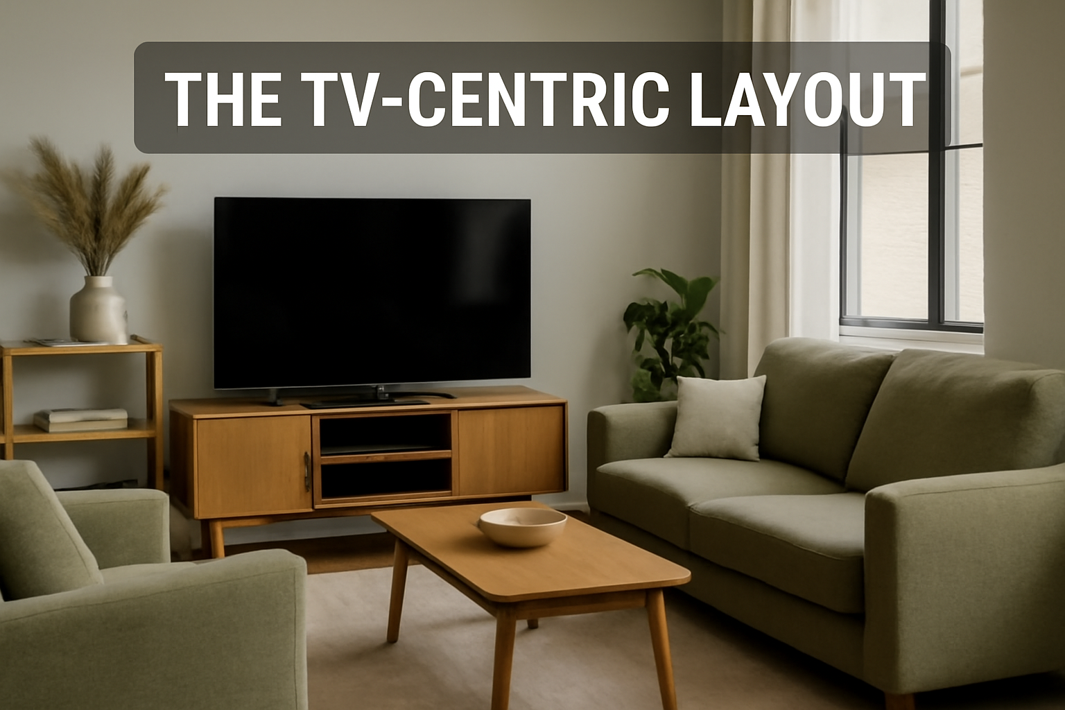 A cozy TV-centric living room featuring a wall-mounted flat-screen TV, olive-green sofas, and wooden furniture, bathed in natural light.
