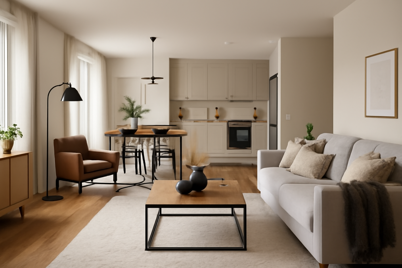 Spacious open-concept apartment featuring a cozy living room with neutral tones, modern furniture, and a sleek kitchen in the background, with natural daylight streaming in.
