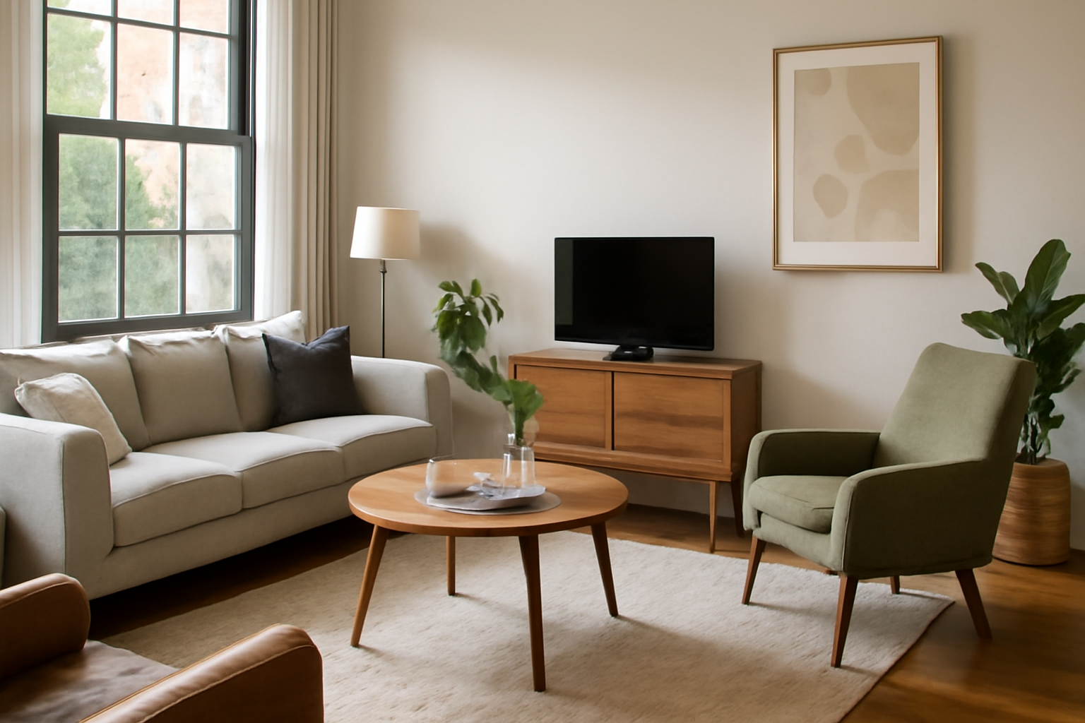 Spacious living room with a neutral-toned sofa, mid-century modern armchair, wooden coffee table, and decorative plants, illuminated by natural light from a large window