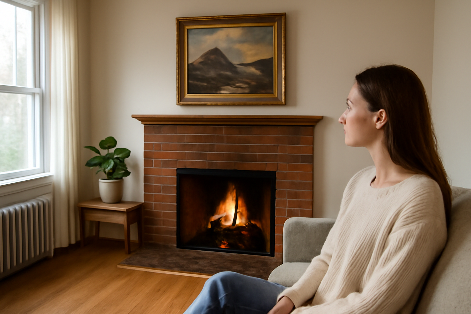 A young woman sitting on a sofa, gazing at an art piece above a fireplace, with natural light streaming through the window, creating a warm and inviting living room focal point.