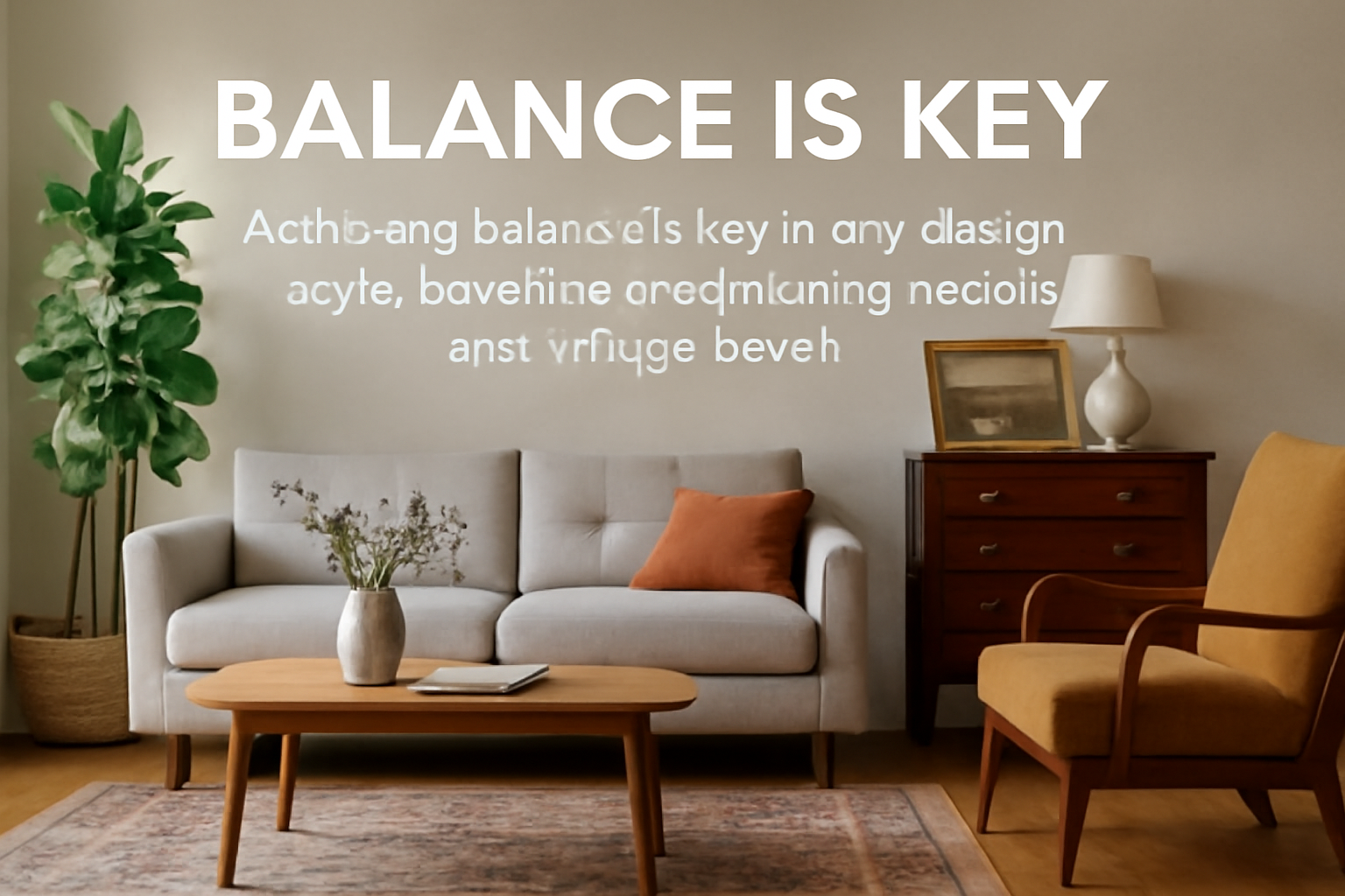 A modern-vintage living room design showing balance with a gray sofa, mustard armchair, vintage dresser, and natural light.
