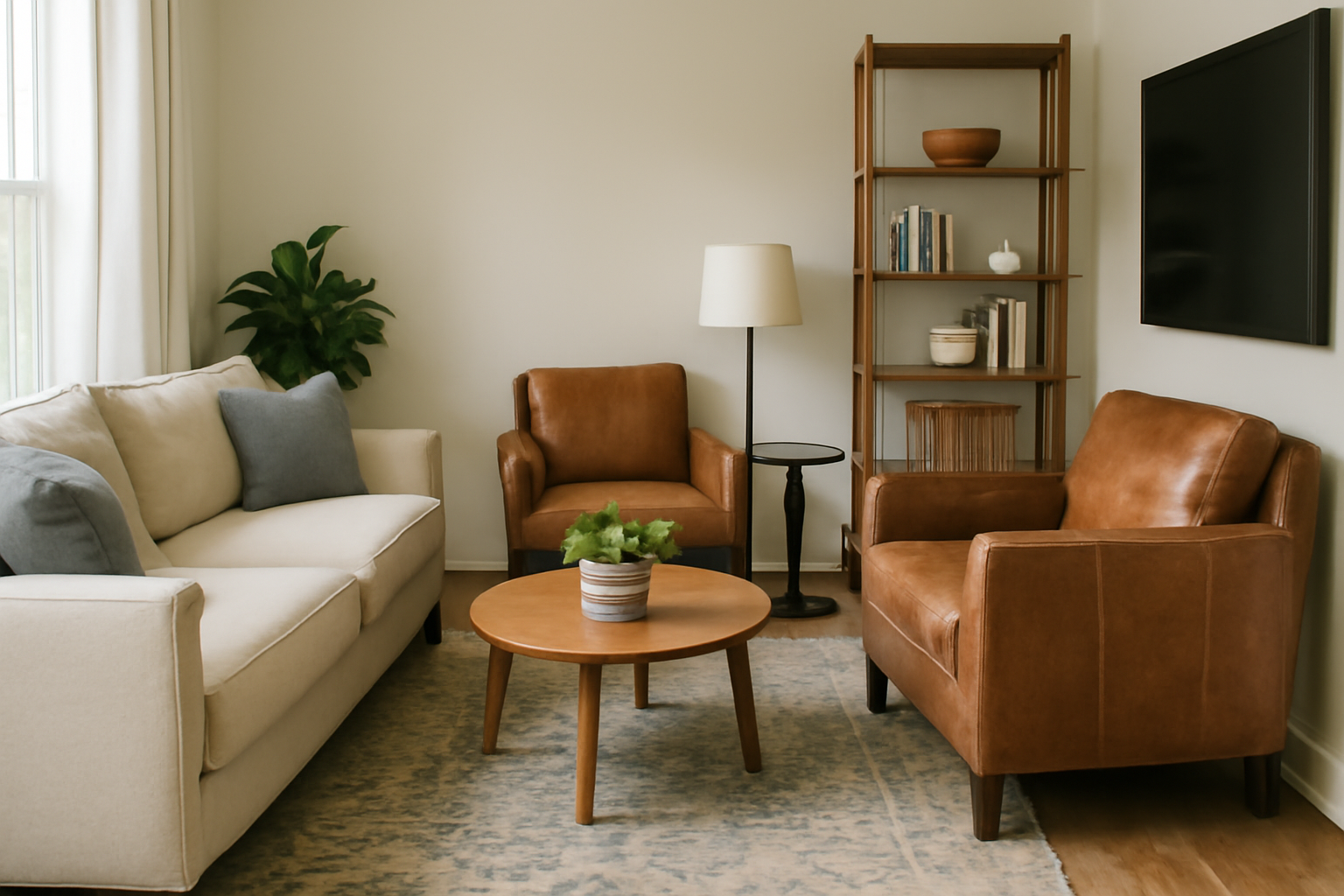 Living room seating arrangement with beige sofa, brown leather armchairs, and wooden coffee table. A bookshelf adds vertical storage, and natural light illuminates the space, encouraging family