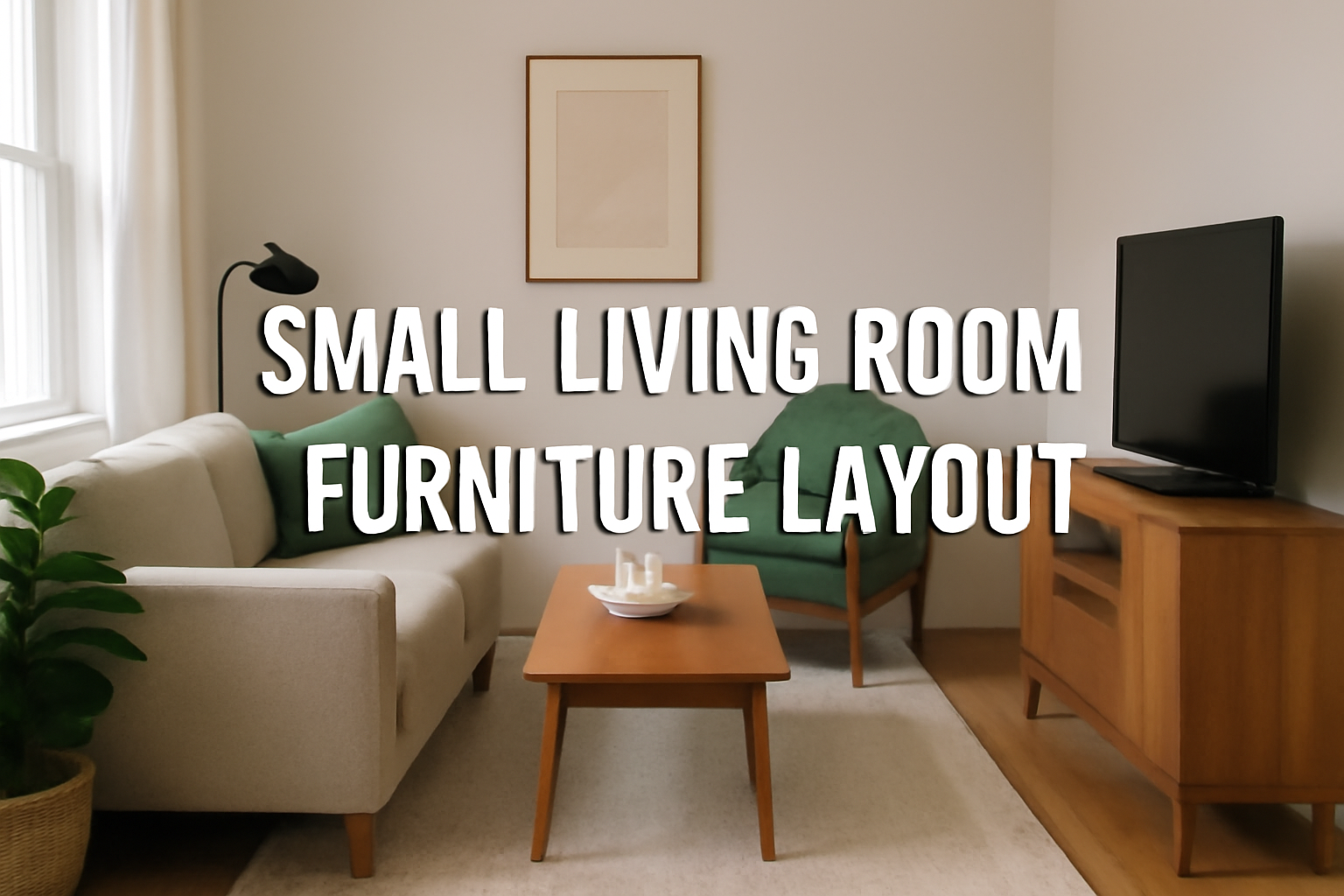 A cozy and well-arranged small living room with a neutral color scheme, featuring a gray sofa, green armchairs, and a warm wood coffee table.