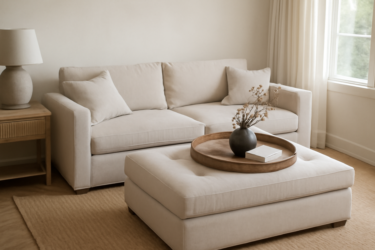 A cozy living room featuring multi-functional furniture with a beige sofa bed, tufted ottoman, and soft neutral decor, illuminated by natural daylight.